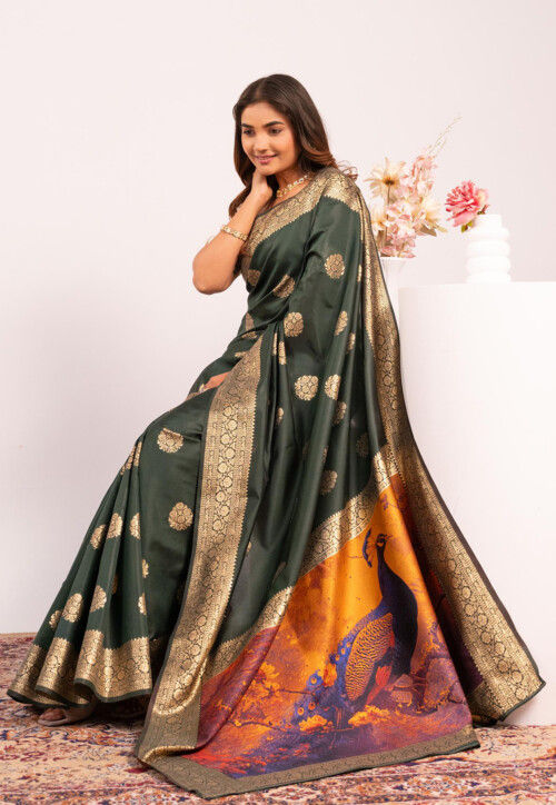 Dark Green Pure Soft Banarasi Silk Zari Woven Saree