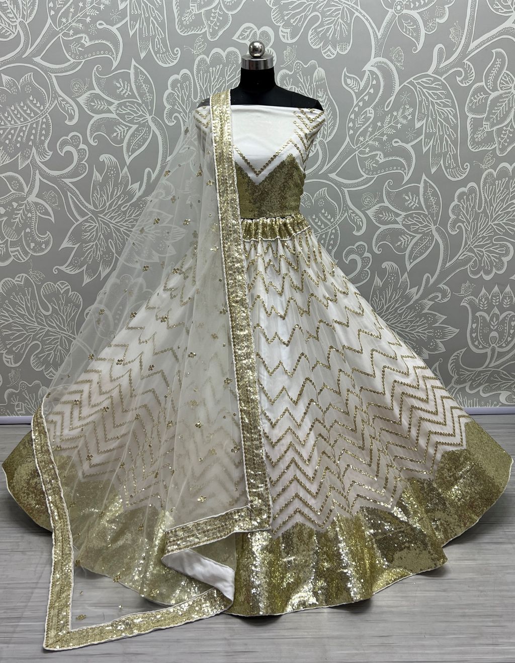 White Pure Soft Heavy Net Sequins Embroidery Work Bridal Lehenga
