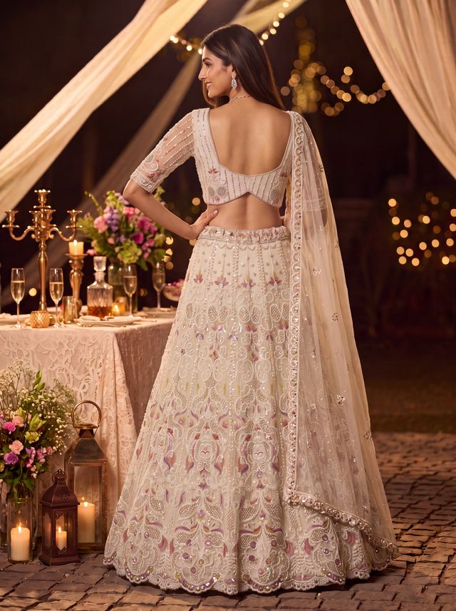 White Pure Heavy Net Motif Handwork Zari Sequins Work Bridal Lehenga Choli