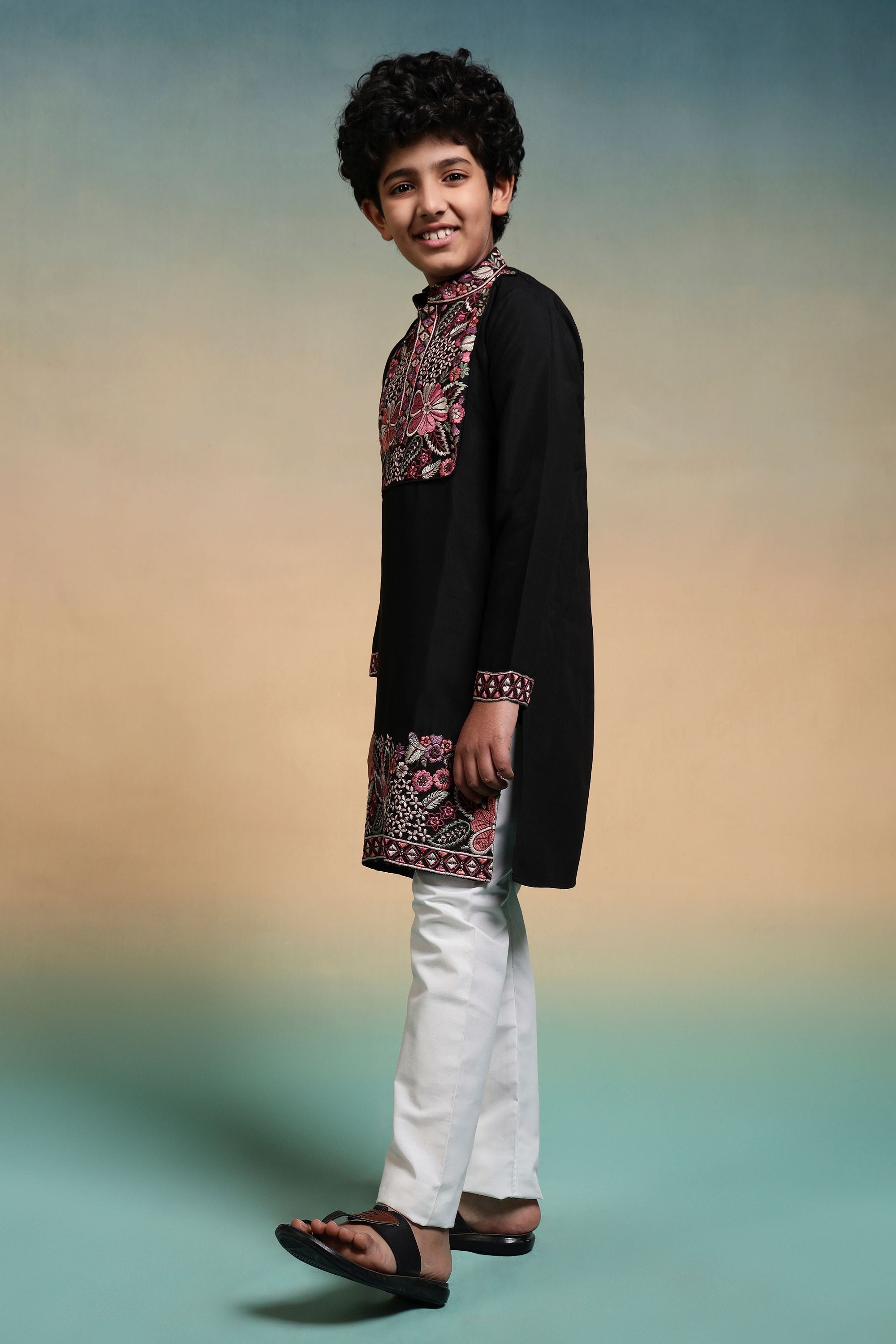 Black Pure Viscose Silk Kids Boy Kurta Pajama