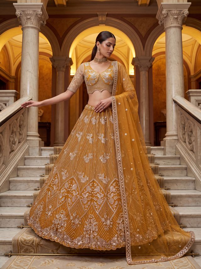 Yellow Pure Heavy Net Motif Handwork Zari Sequins Work Bridal Lehenga Choli