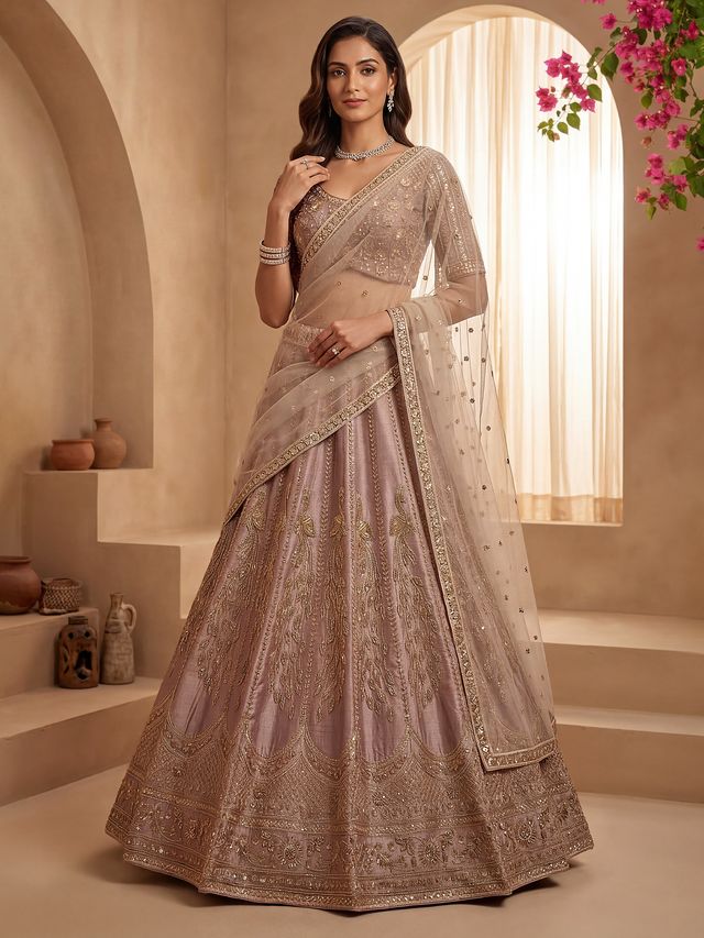 Powder Pink Pure Soft Heavy Net Sequins Embroidery Work Bridal Lehenga Choli