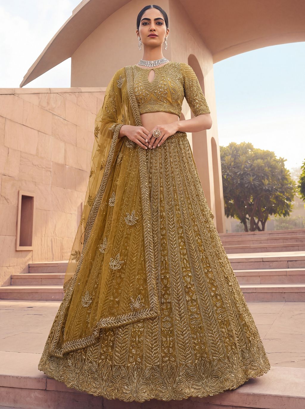 Golden Pure Soft Net Heavy Embroidery Work Bridal Lehenga