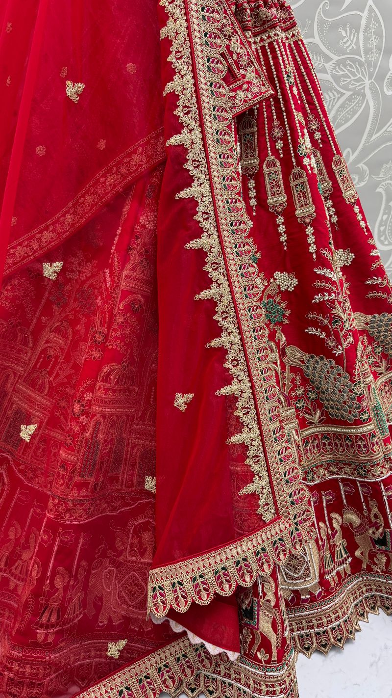 Red Pure Soft Silk Heavy Embroidery Work Bridal Lehenga
