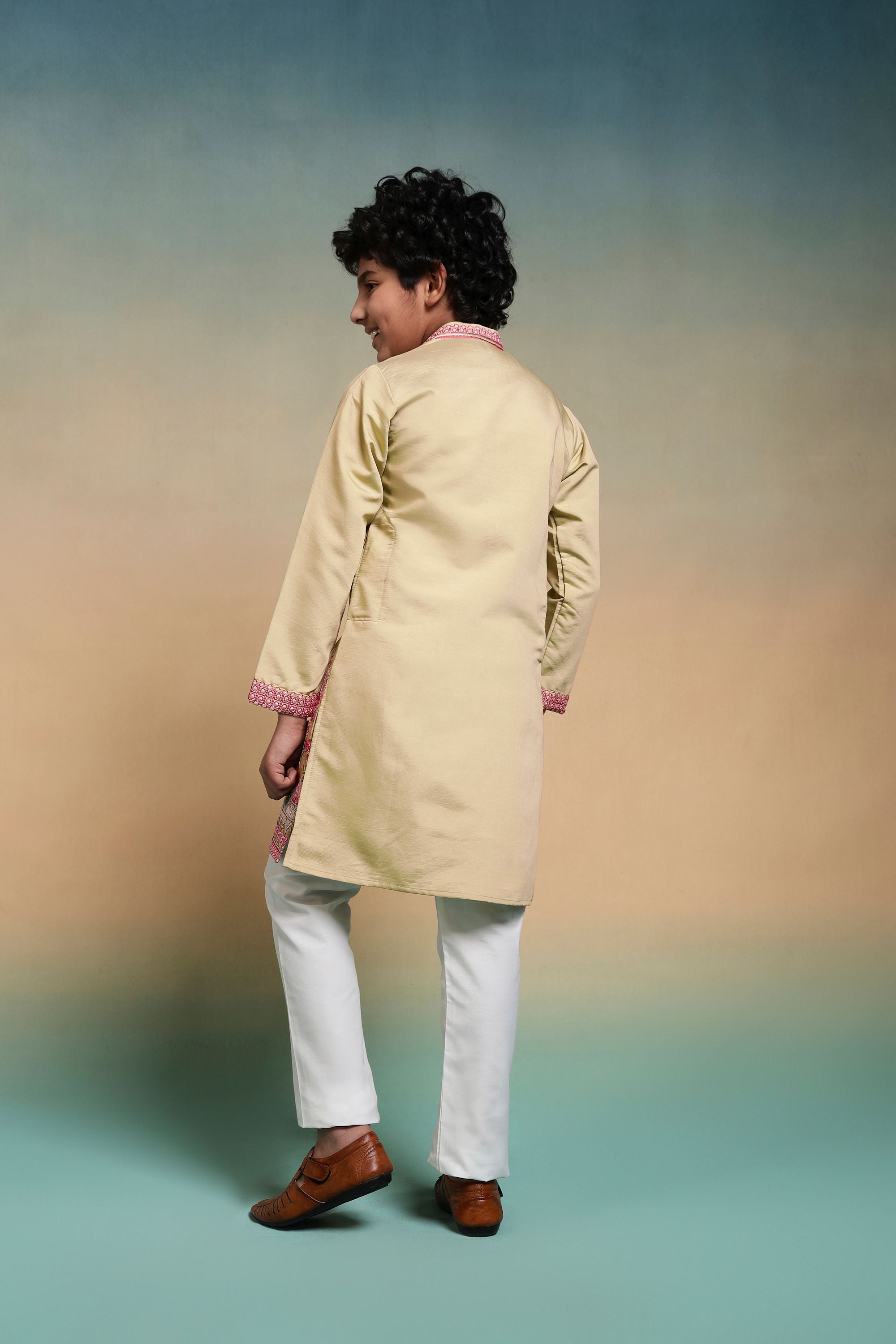 Yellow Pure Viscose Silk Kids Boy Kurta Pajama