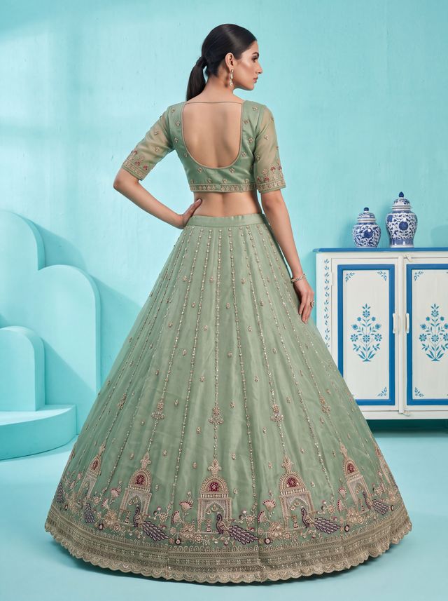 Pista Pure Chandnia Silk Handwork Motif Peacock Pattern Crystal Beads Multi Thread Dori & Sequins Work Bridal Lehenga Choli