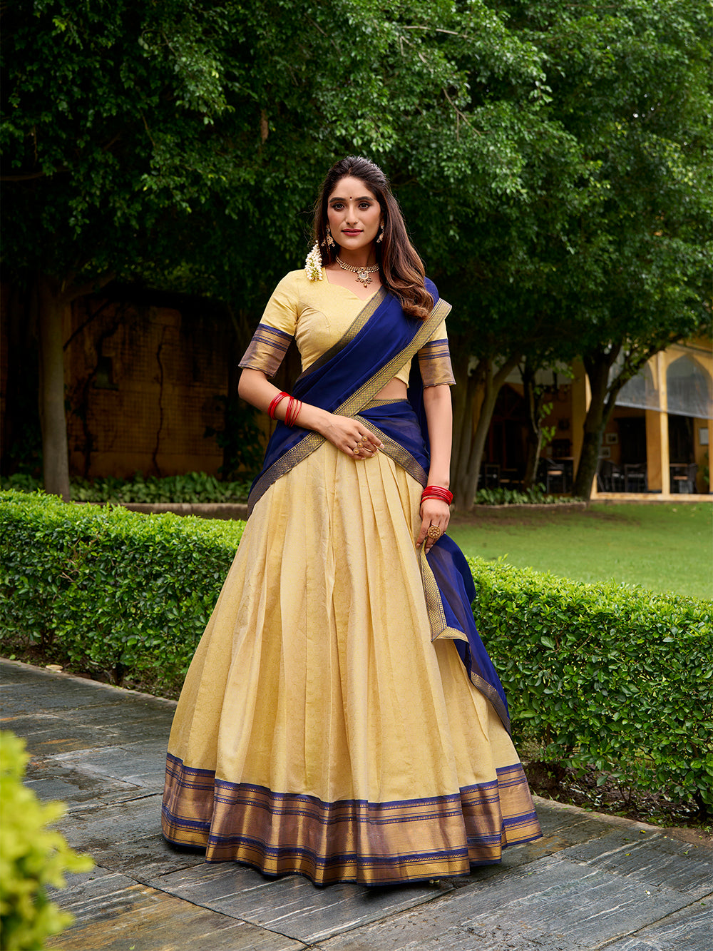 Navy Blue Pure Kanchipuram Silk Zari Weaving South Indian Lehenga Choli
