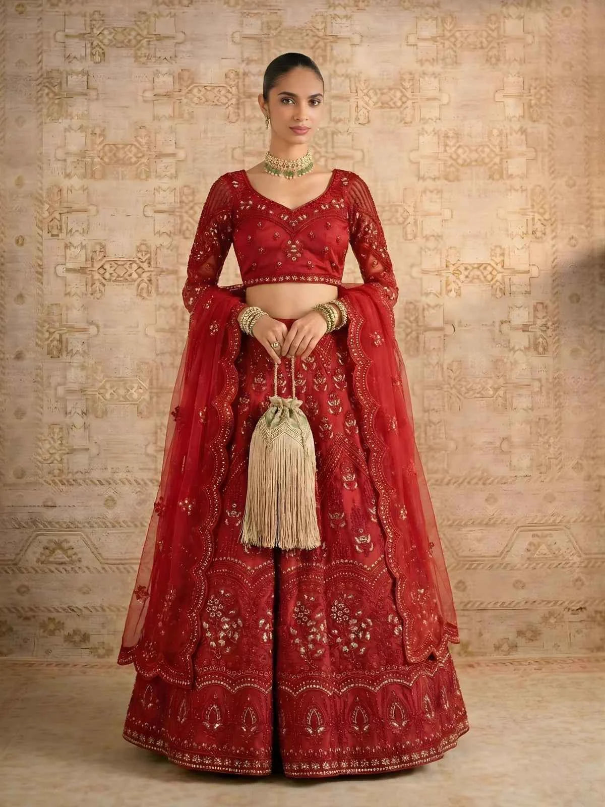 Red Pure Soft Heavy Net Sequins Embroidery Work Bridal Lehenga Choli