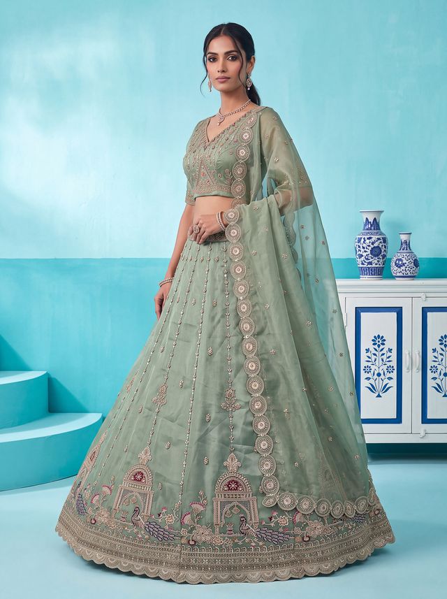 Pista Pure Chandnia Silk Handwork Motif Peacock Pattern Crystal Beads Multi Thread Dori & Sequins Work Bridal Lehenga Choli