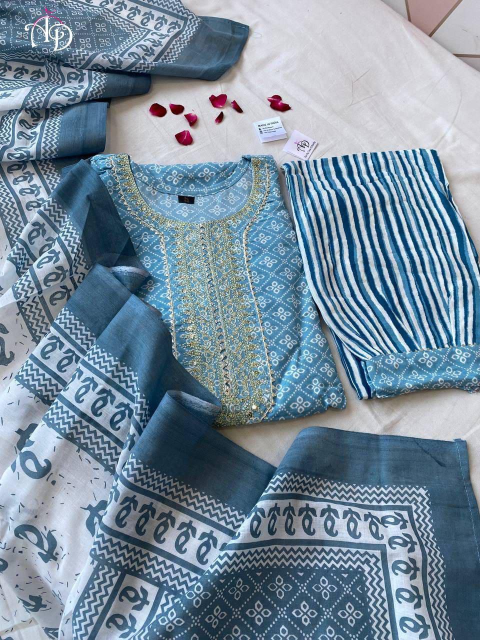 Beutiful Winter Pastel Colored Handblock Printed Kurti Pant Set Anant Tex Exports Private Limited