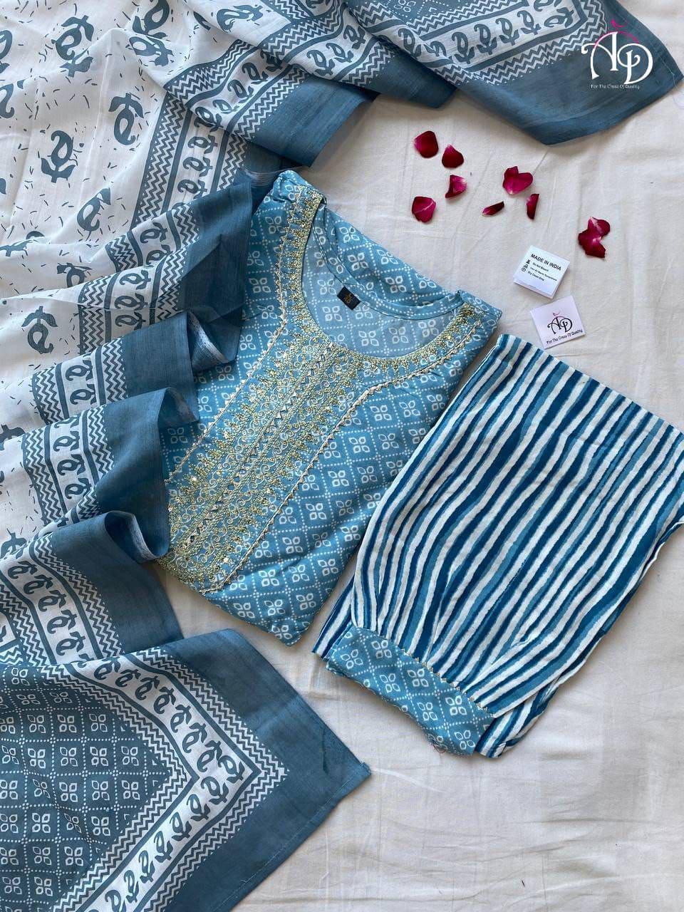 Beutiful Winter Pastel Colored Handblock Printed Kurti Pant Set Anant Tex Exports Private Limited