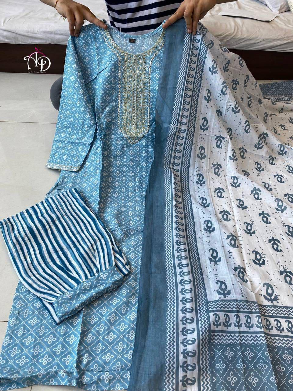 Beutiful Winter Pastel Colored Handblock Printed Kurti Pant Set Anant Tex Exports Private Limited