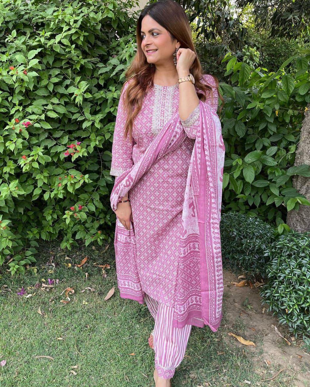 Beutiful Winter Pastel Colored Handblock Printed Kurti Pant Set Anant Tex Exports Private Limited