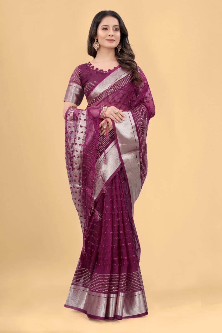 Pure Suprima Organza Silk Saree With Pompom+Sequence Anant Tex Exports Private Limited
