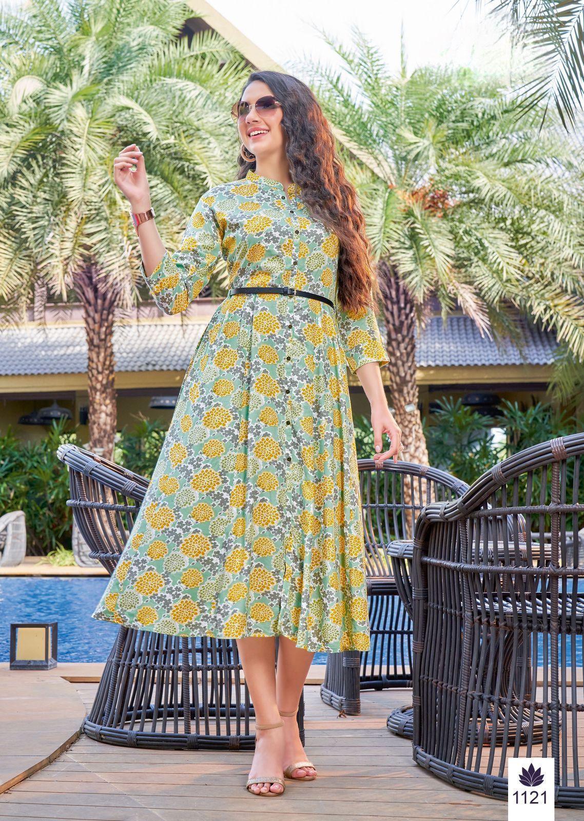Kamini -2 poly Rayon Print with Lather belt Kurti Anant Tex Exports Private Limited