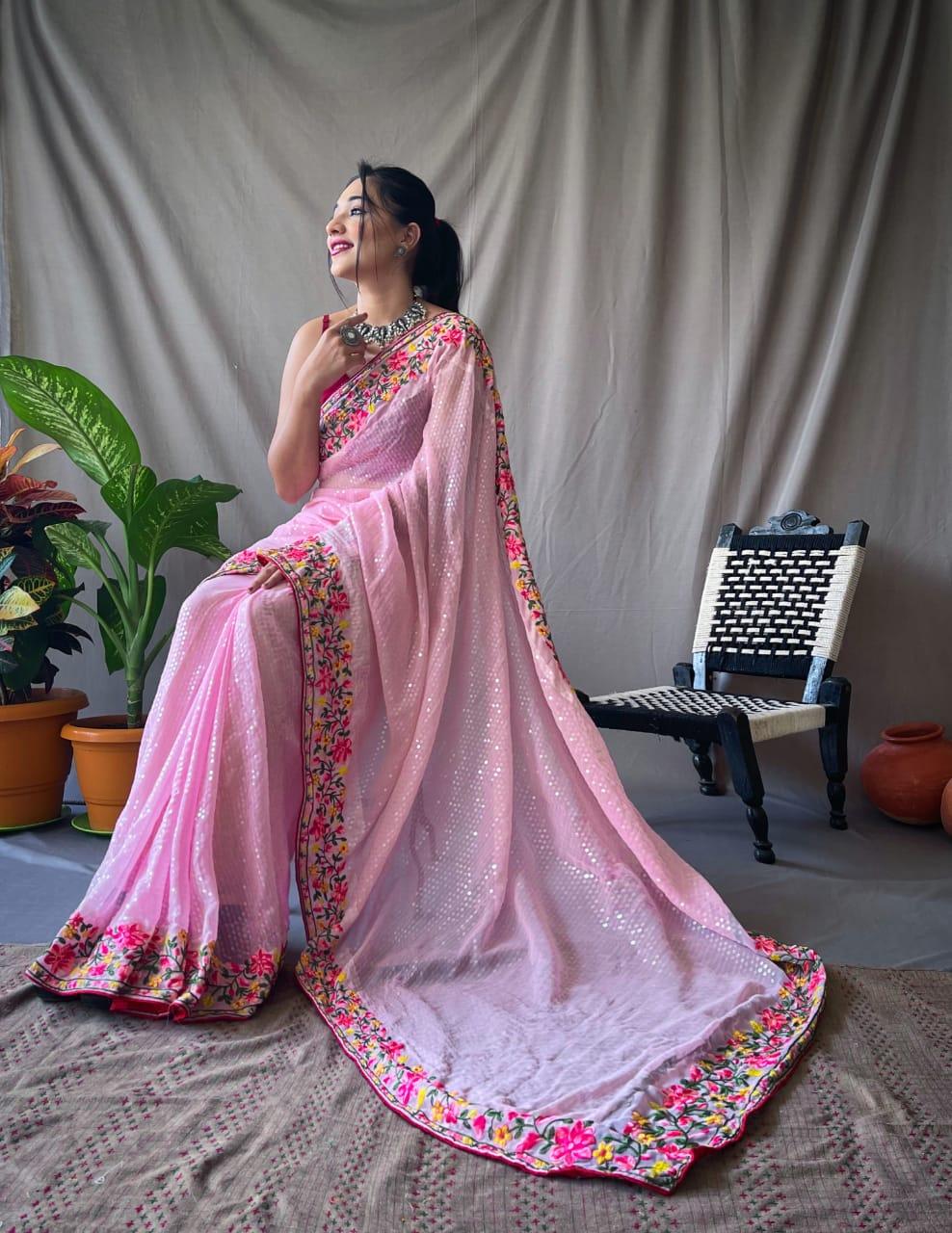 PURE GEORGETTE SAREE WITH ALL OVER 5MTR SEQUENCE WORK Anant Tex Exports Private Limited