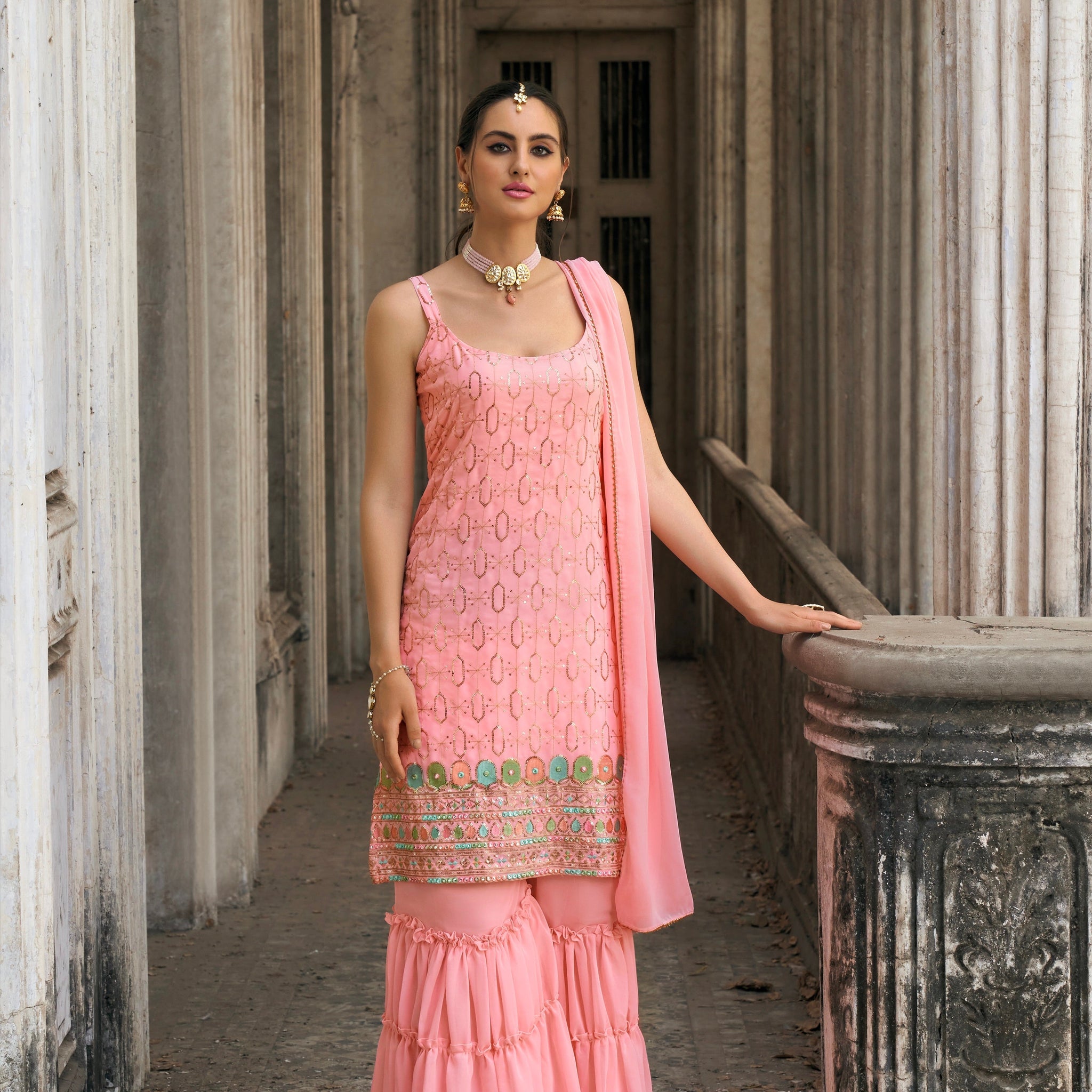 Trendy Sharara Suit with intricate embroidery and luxurious fabric, perfect for weddings, parties, and festive celebrations.