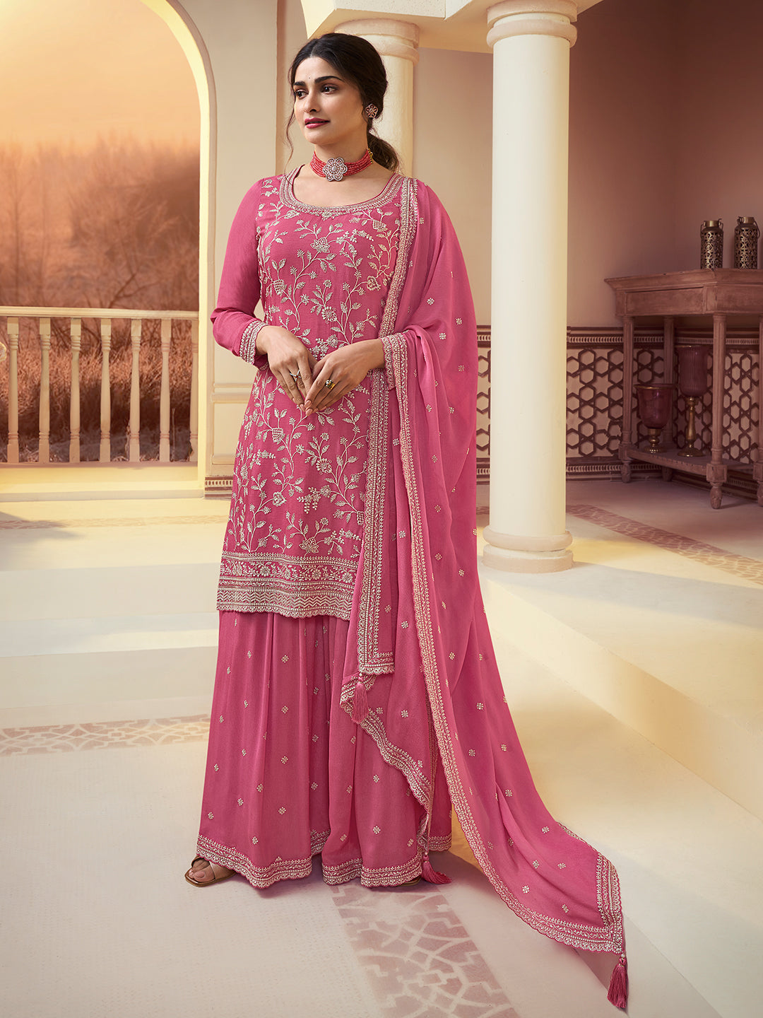 Pink Chinon Embroidered Kurta Sharara Set for Women
