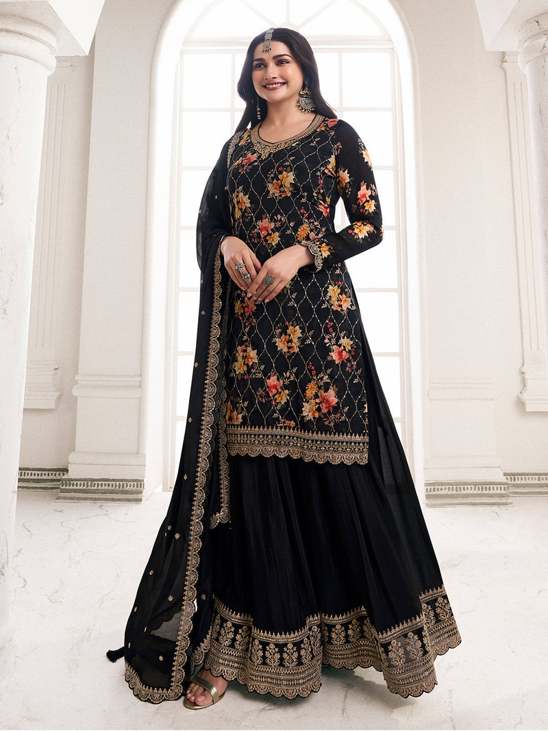 Black Chinon Kurta Sharara Set with Floral Embroidery