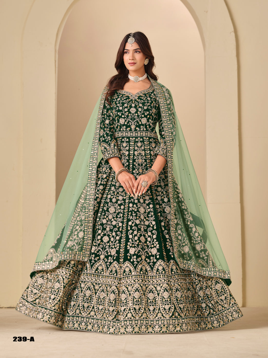 Green Pure Soft 9000 Velvet Heavy Embroidery Work Long Anarkali Gown 