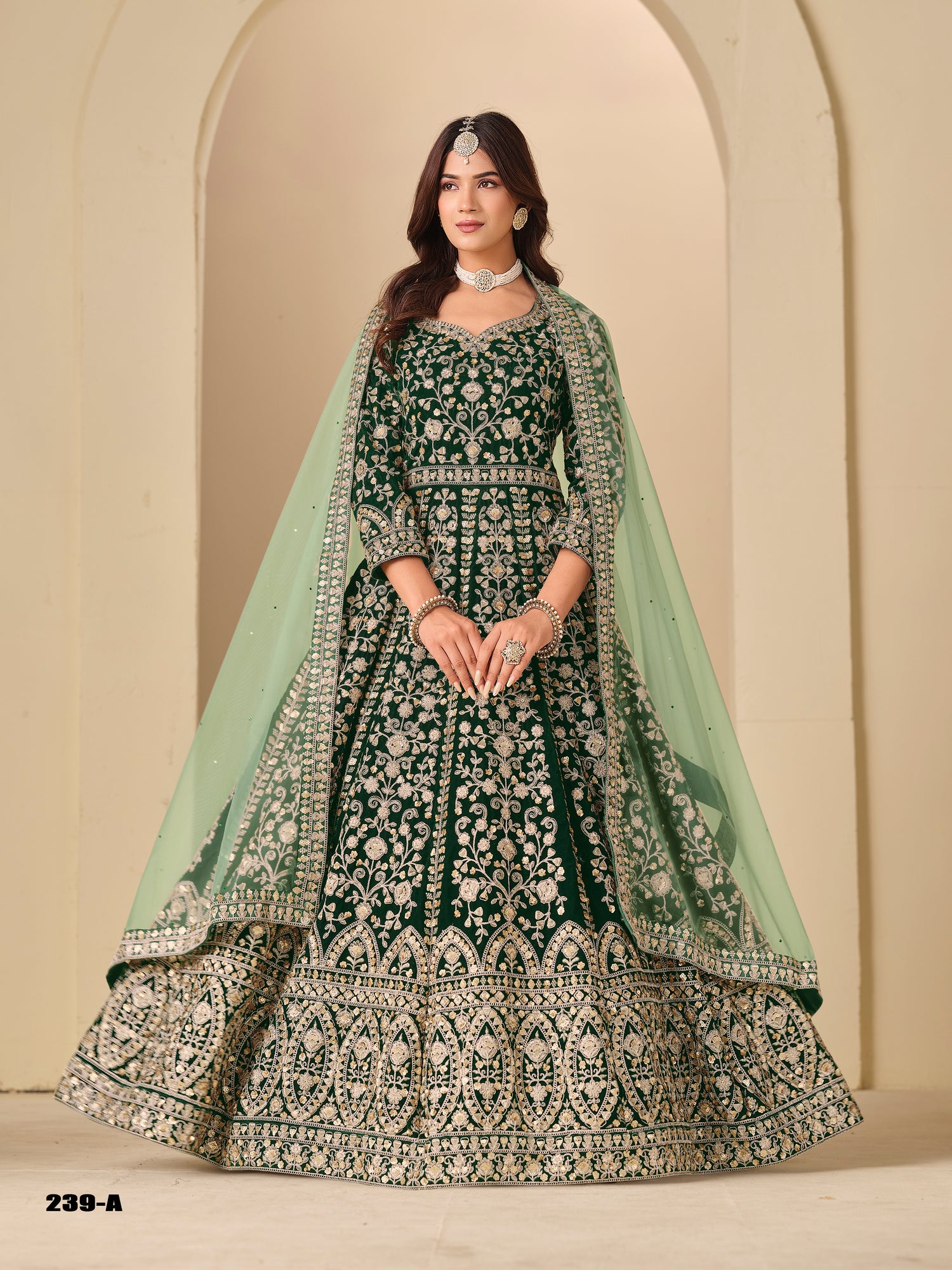 Green Pure Soft 9000 Velvet Heavy Embroidery Work Long Anarkali Gown 