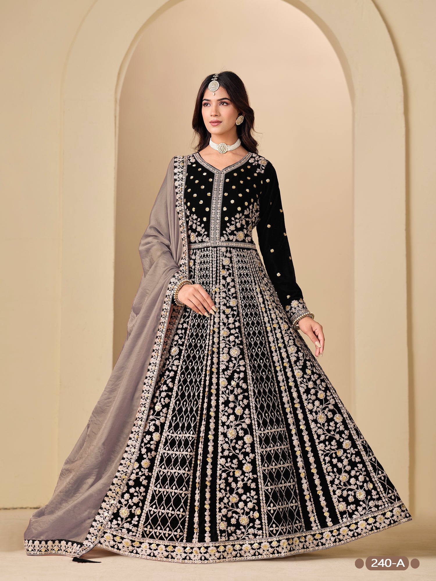 Black Pure Soft 9000 Velvet Heavy Embroidery Work Long Anarkali Gown 