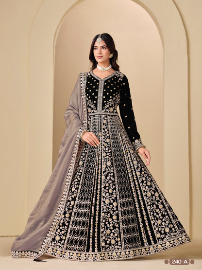 Black Pure Soft 9000 Velvet Heavy Embroidery Work Long Anarkali Gown 