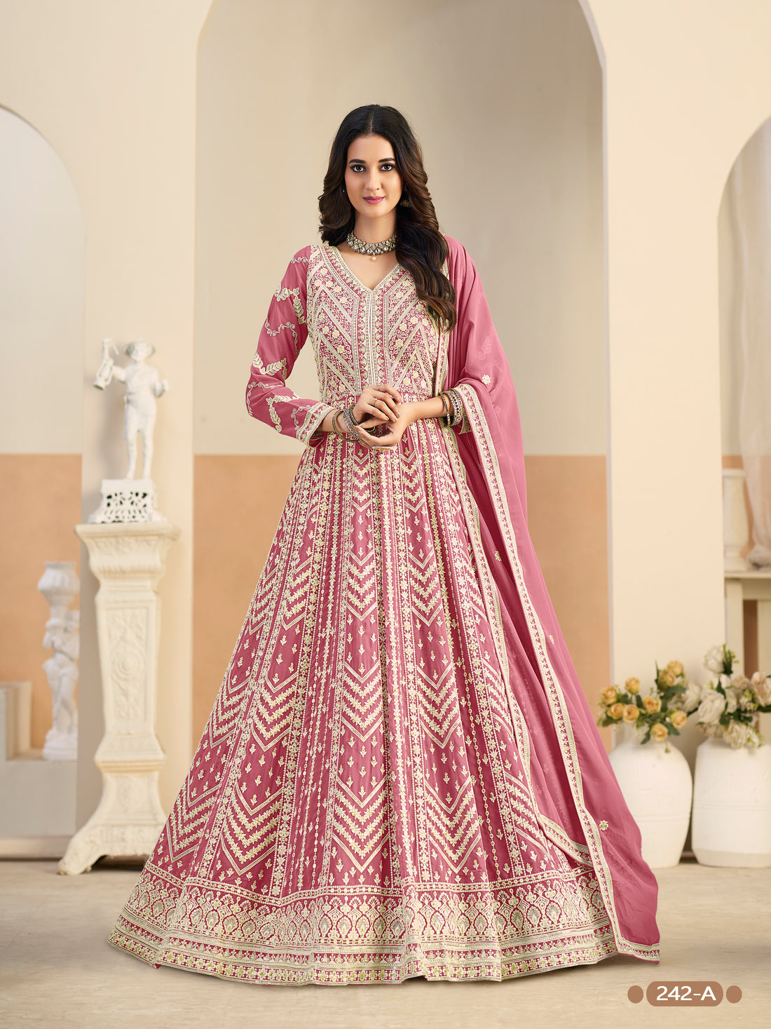 Pastle Pink Pure Soft Faux Georgette Heavy Embroidery Work Long Anarkali Gown