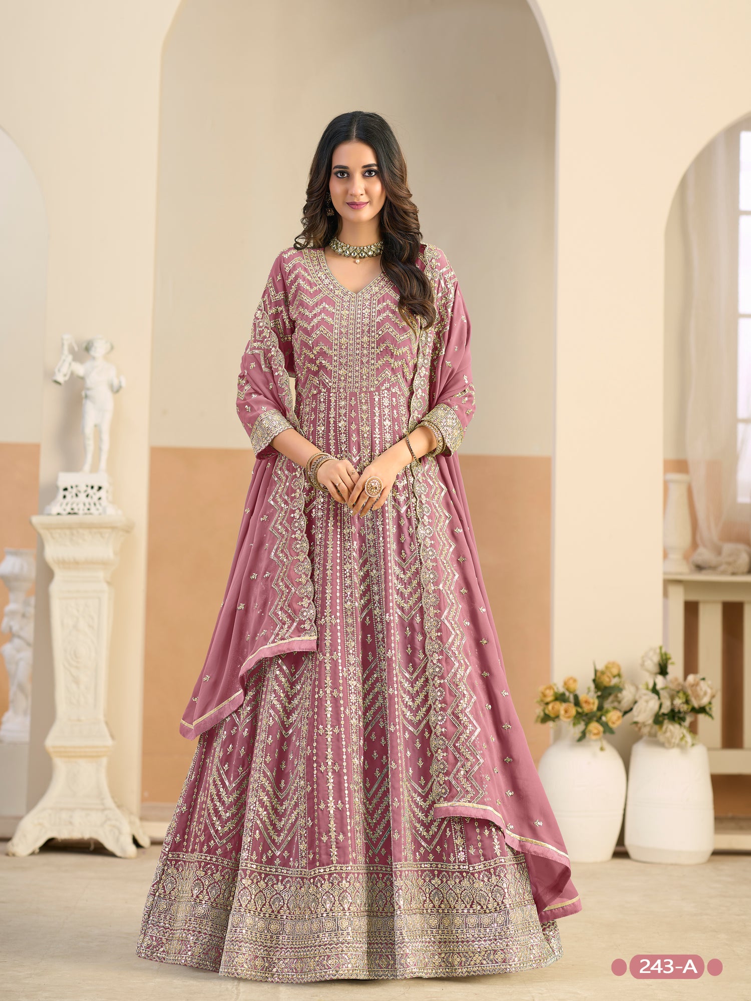 Pastle Pink Pure Soft Faux Georgette Heavy Embroidery Work Long Anarkali Gown 