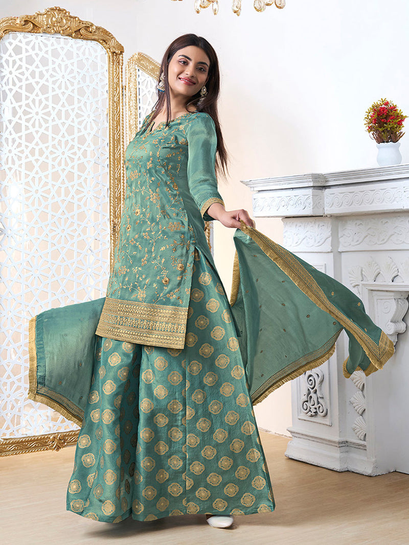 Pastel green sharara suit with pitta and jacquard work