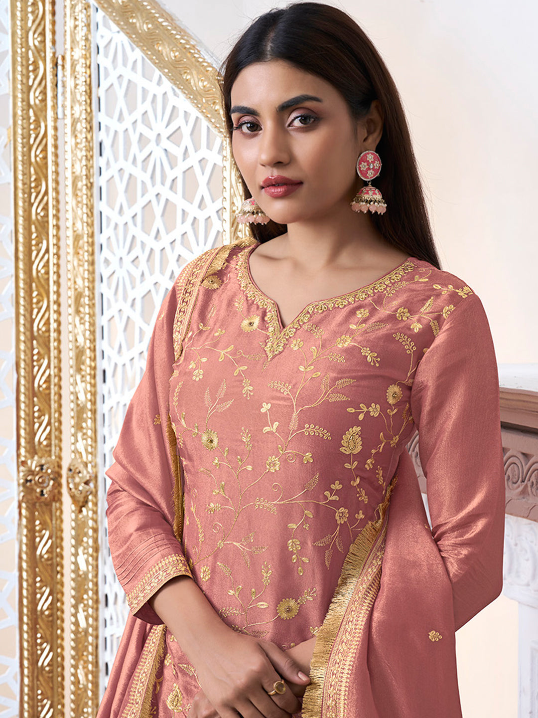 Dusty rose tissue sharara suit with gold pitta work
