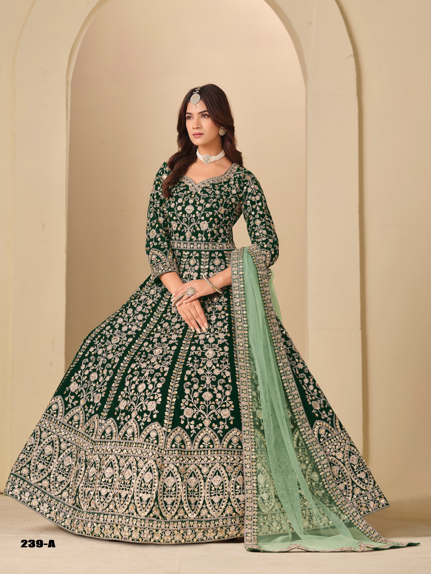 Green Pure Soft 9000 Velvet Heavy Embroidery Work Long Anarkali Gown 