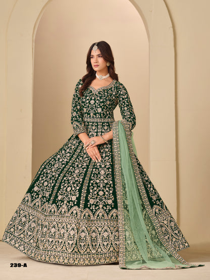 Green Pure Soft 9000 Velvet Heavy Embroidery Work Long Anarkali Gown 