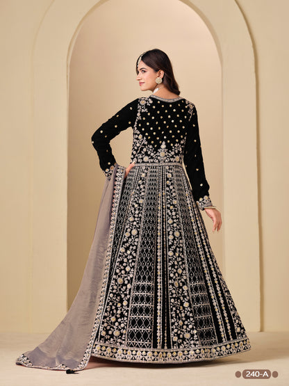 Black Pure Soft 9000 Velvet Heavy Embroidery Work Long Anarkali Gown 