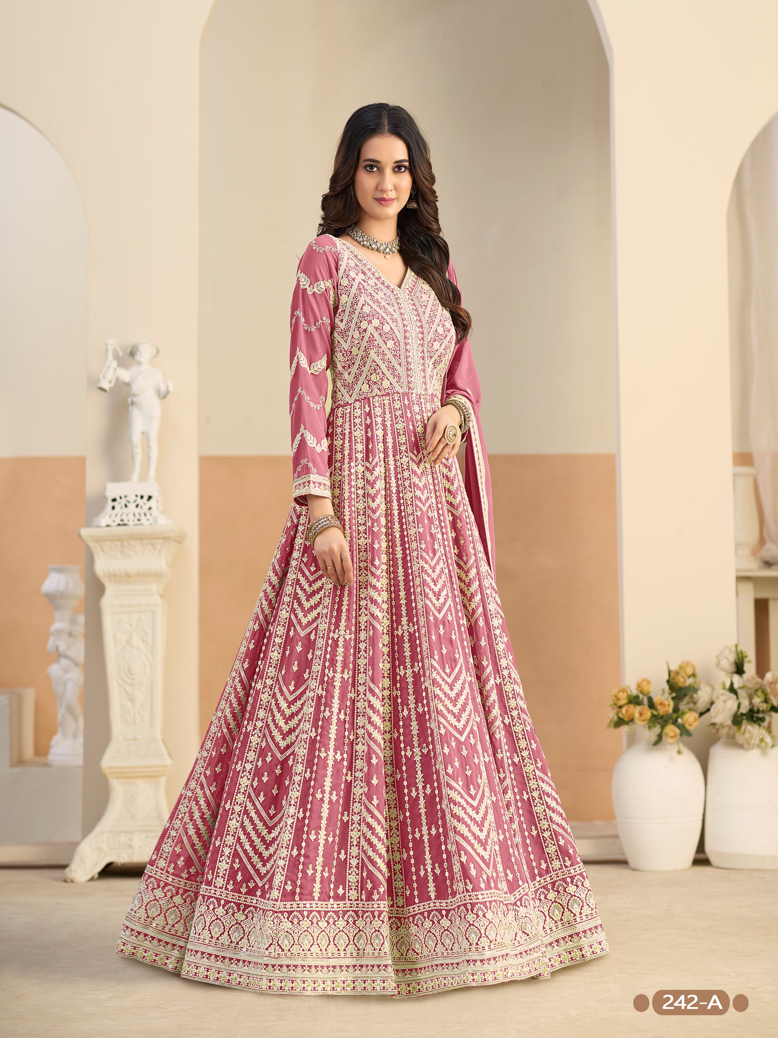Pastle Pink Pure Soft Faux Georgette Heavy Embroidery Work Long Anarkali Gown