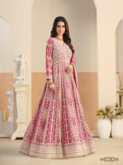 Pastle Pink Pure Soft Faux Georgette Heavy Embroidery Work Long Anarkali Gown