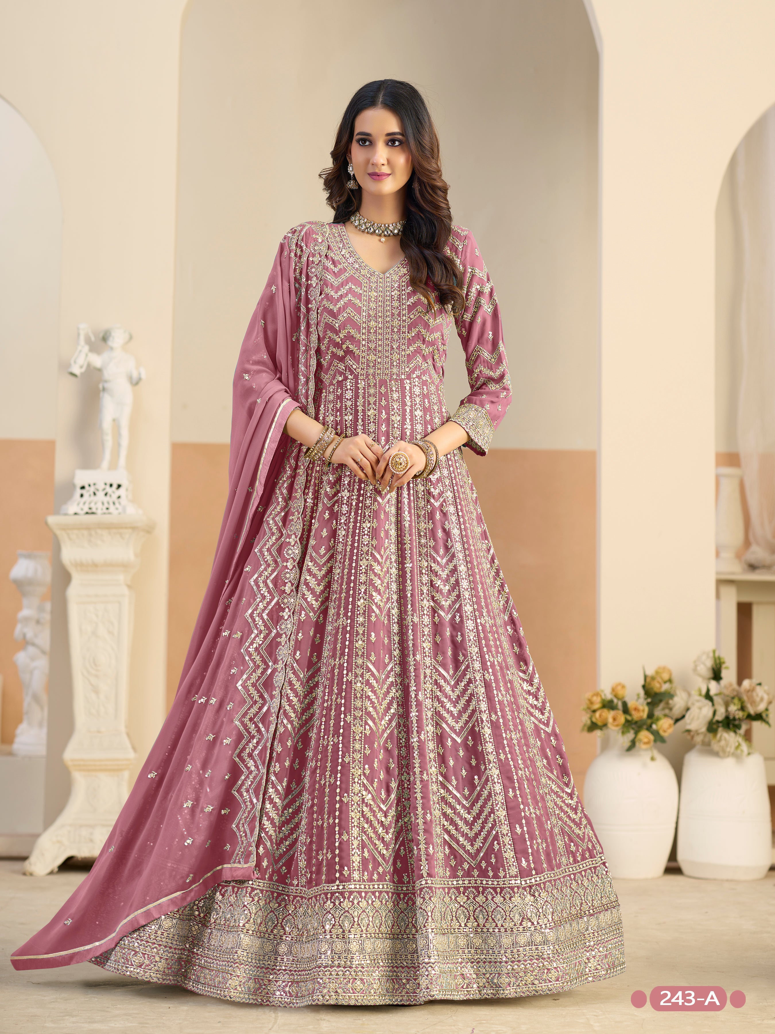 Pastle Pink Pure Soft Faux Georgette Heavy Embroidery Work Long Anarkali Gown ##color## Anarkali Gown with premium fabric and embroidery