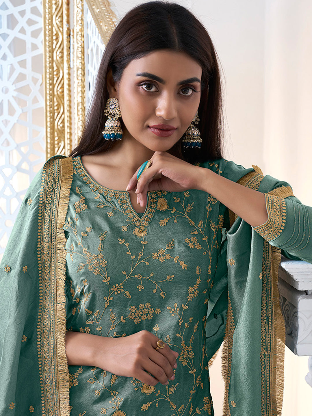 Pastel green sharara suit with pitta and jacquard work