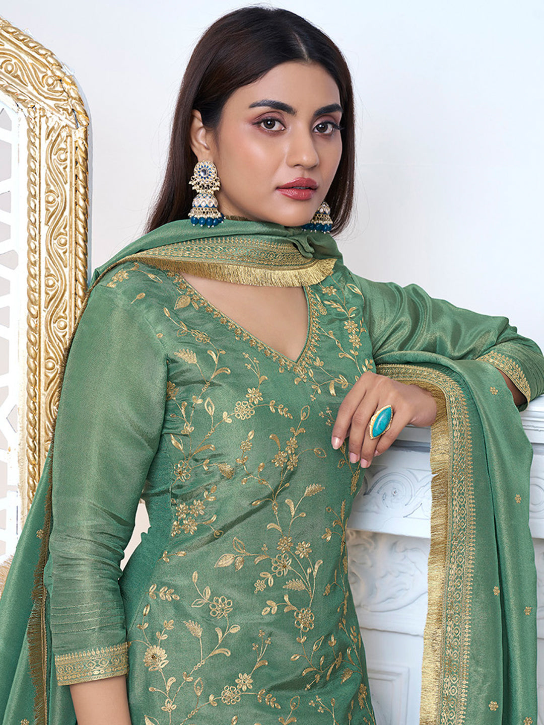 Mehendi green viscose tissue sharara suit with pitta embroidery