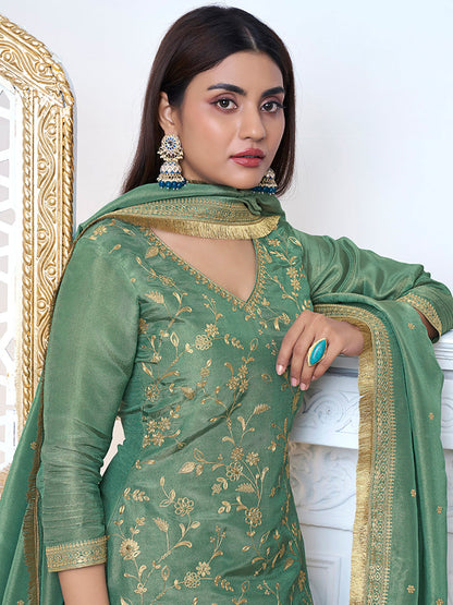 Designer sharara suit with jacquard floral weaving and scalloped dupatta