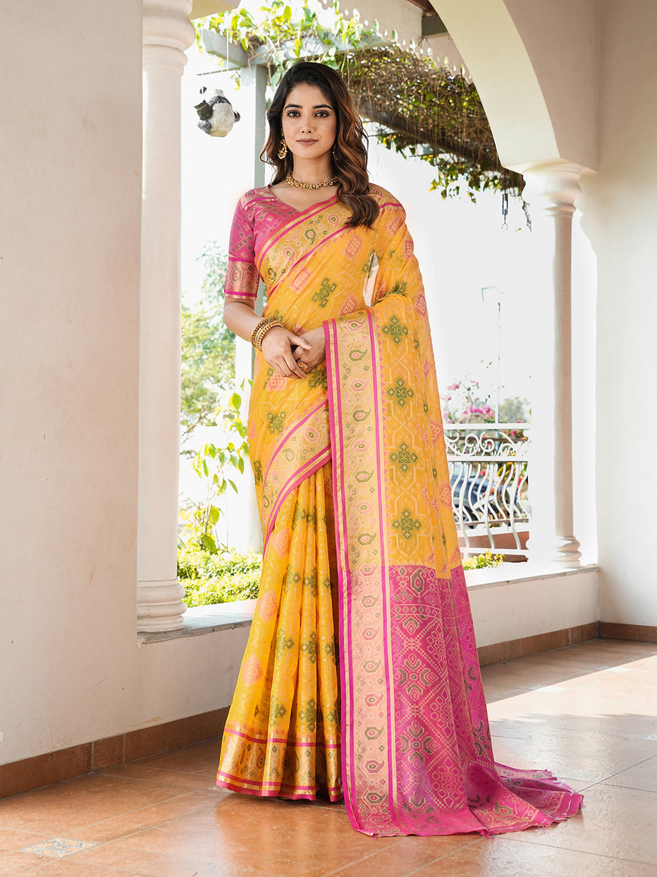 Yellow Organza Zari Woven Patola Organza Saree