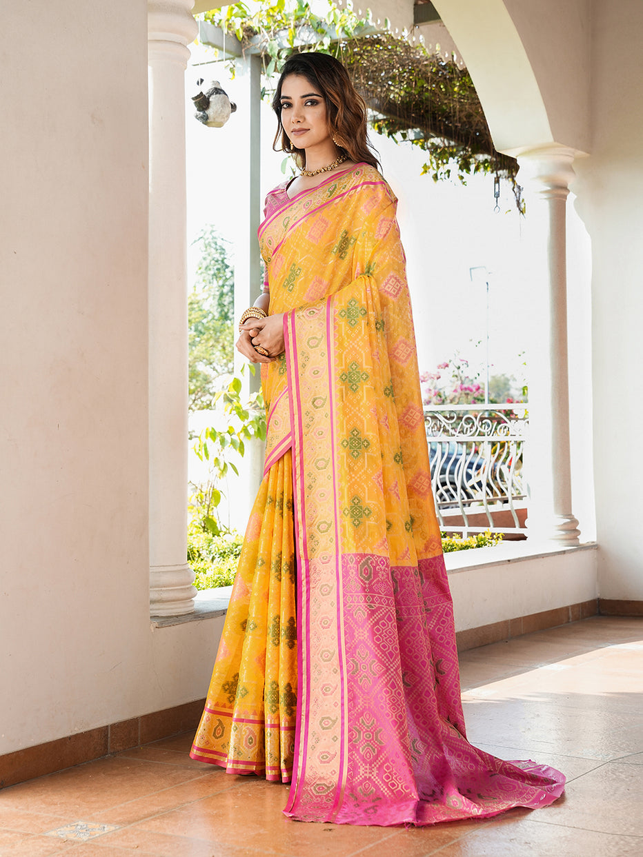 Yellow Organza Zari Woven Patola Organza Saree