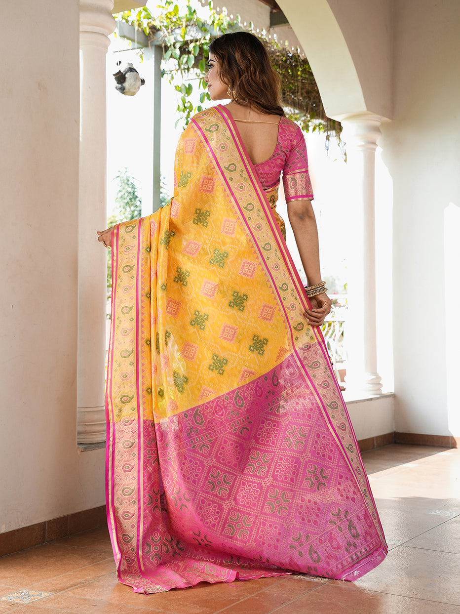 Yellow Organza Zari Woven Patola Organza Saree