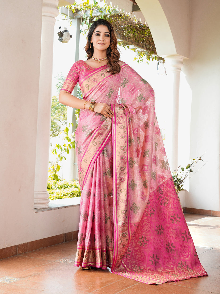 Pink Organza Zari Woven Patola Organza Saree