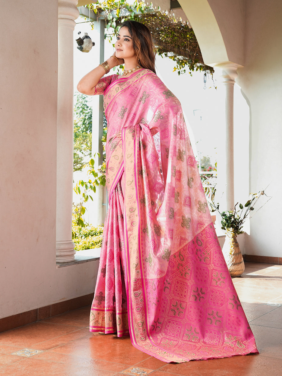 Pink Organza Zari Woven Patola Organza Saree