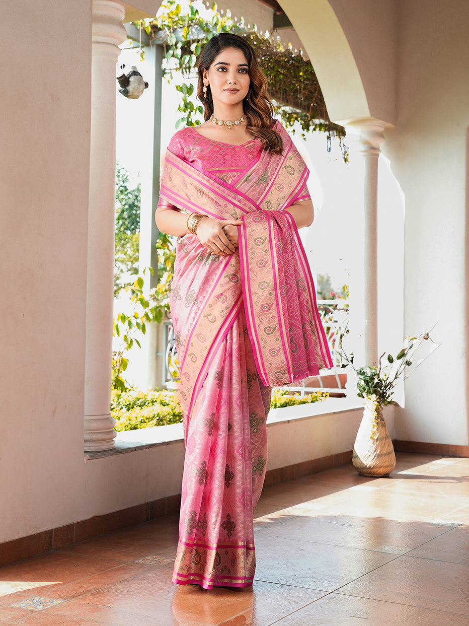 Pink Organza Zari Woven Patola Organza Saree