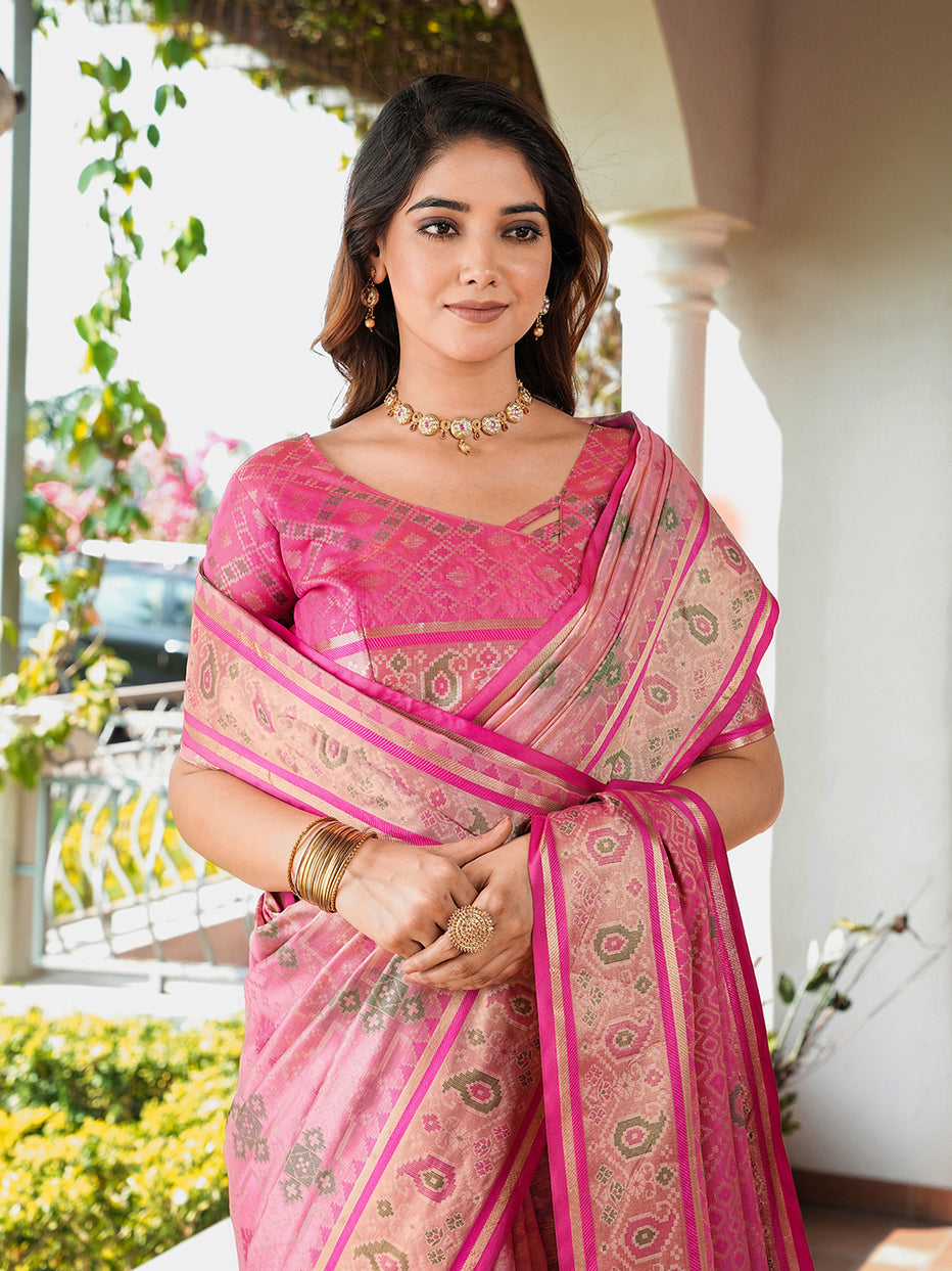 Pink Organza Zari Woven Patola Organza Saree