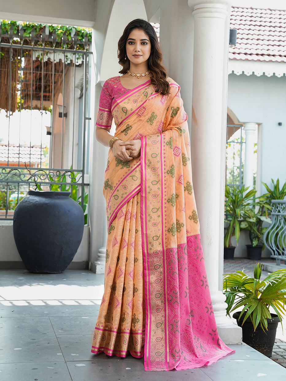 Peach Organza Zari Woven Patola Organza Saree