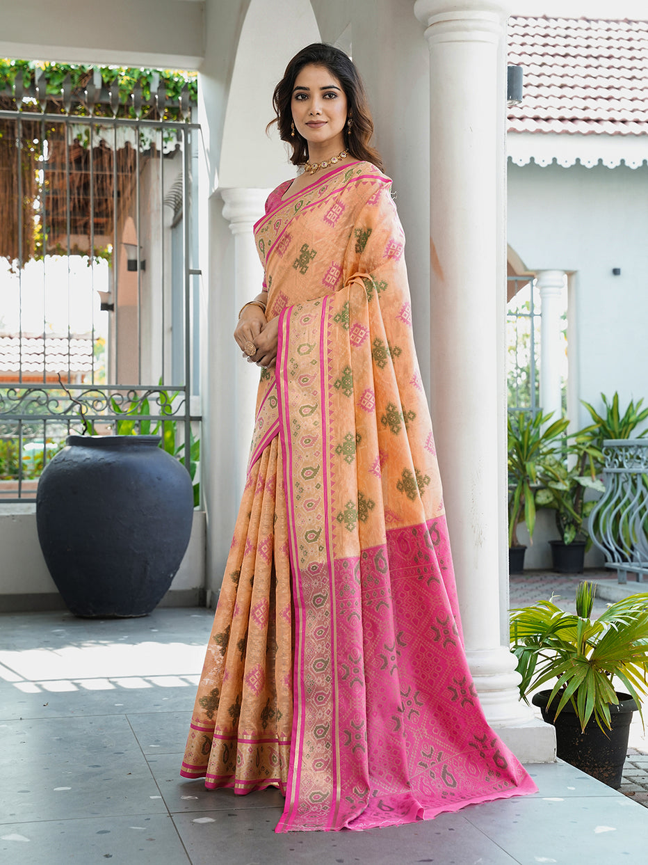 Peach Organza Zari Woven Patola Organza Saree
