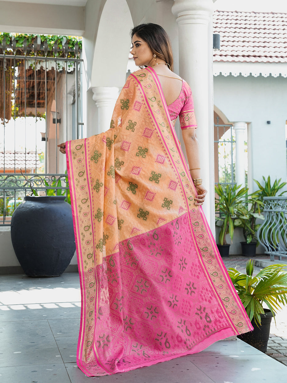 Peach Organza Zari Woven Patola Organza Saree